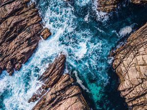 Preview wallpaper rocks, ocean, aerial view, waves, splash