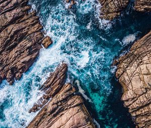 Preview wallpaper rocks, ocean, aerial view, waves, splash