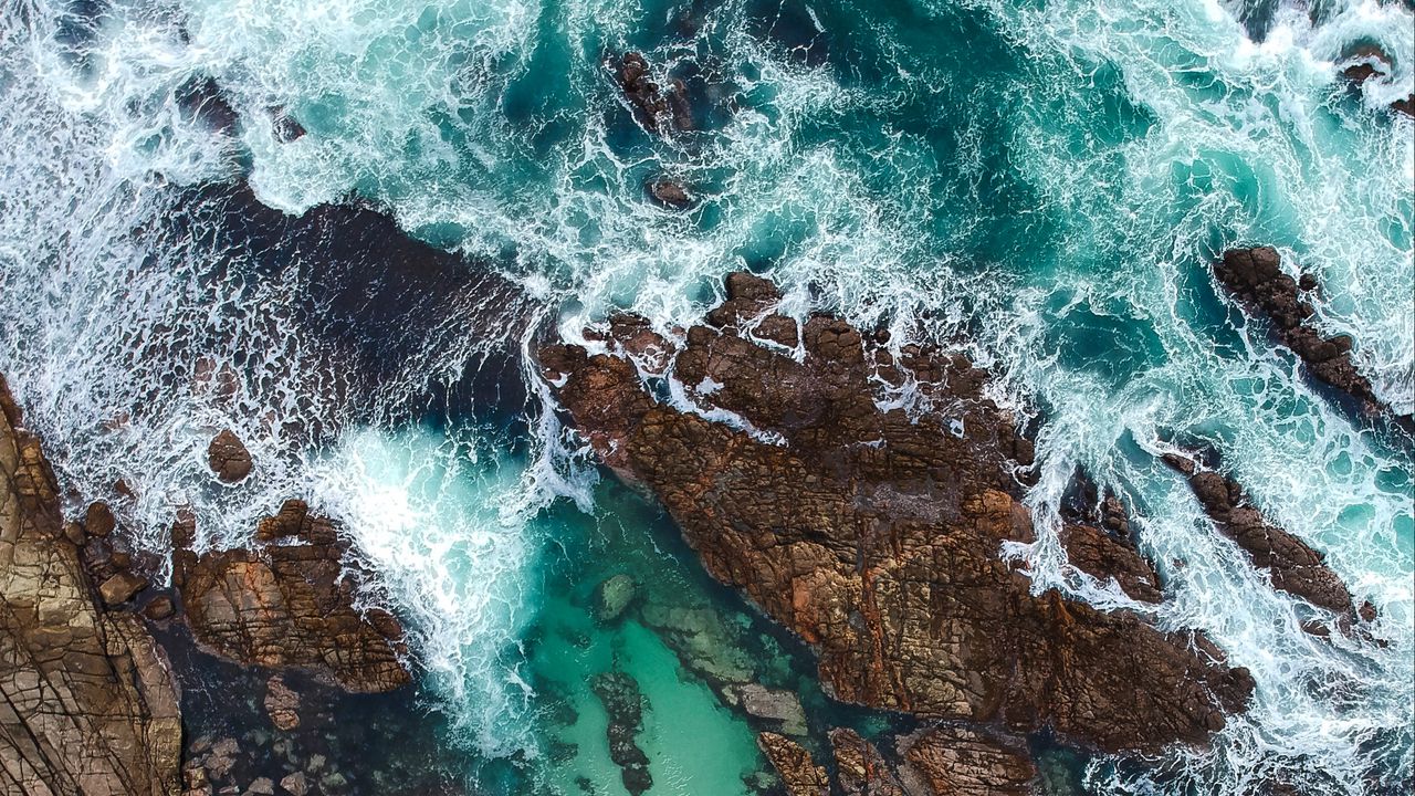 Wallpaper rocks, ocean, aerial view, coast, waves