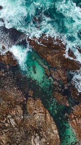 Preview wallpaper rocks, ocean, aerial view, coast, waves