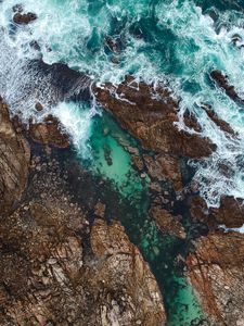 Preview wallpaper rocks, ocean, aerial view, coast, waves
