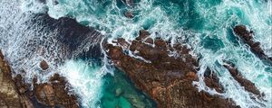 Preview wallpaper rocks, ocean, aerial view, coast, waves