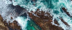 Preview wallpaper rocks, ocean, aerial view, coast, waves