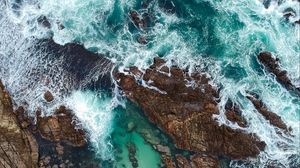 Preview wallpaper rocks, ocean, aerial view, coast, waves