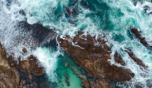 Preview wallpaper rocks, ocean, aerial view, coast, waves