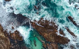 Preview wallpaper rocks, ocean, aerial view, coast, waves