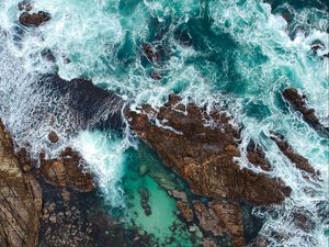 Preview wallpaper rocks, ocean, aerial view, coast, waves