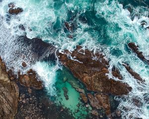 Preview wallpaper rocks, ocean, aerial view, coast, waves