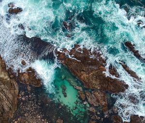 Preview wallpaper rocks, ocean, aerial view, coast, waves