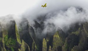 Preview wallpaper rocks, plane, waterfall, fog, water