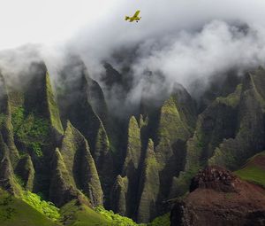 Preview wallpaper rocks, plane, waterfall, fog, water