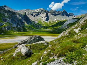 Preview wallpaper rocks, relief, grass, valley, sky