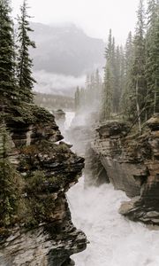 Preview wallpaper rocks, river, fog, trees, cliffs