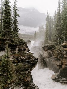 Preview wallpaper rocks, river, fog, trees, cliffs