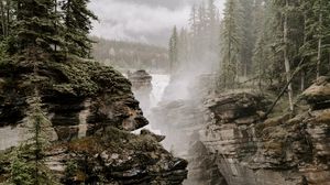 Preview wallpaper rocks, river, fog, trees, cliffs