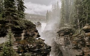 Preview wallpaper rocks, river, fog, trees, cliffs