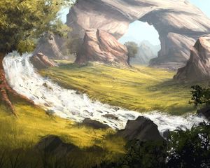 Preview wallpaper rocks, river, grass, arch, art
