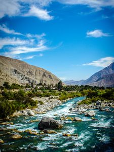 Preview wallpaper rocks, river, mountains, stones, stream, landscape