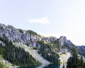 Preview wallpaper rocks, river, trees, spruce, sky