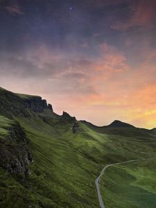 Preview wallpaper rocks, road, grass, starry sky