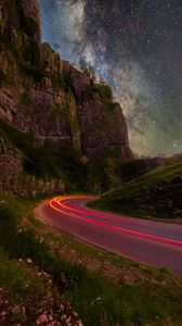 Preview wallpaper rocks, road, stars, long exposure, starry sky
