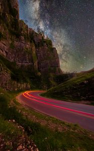 Preview wallpaper rocks, road, stars, long exposure, starry sky