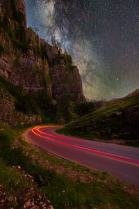 Preview wallpaper rocks, road, stars, long exposure, starry sky