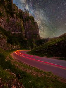 Preview wallpaper rocks, road, stars, long exposure, starry sky