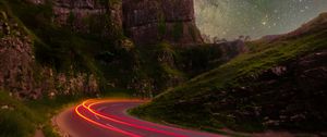 Preview wallpaper rocks, road, stars, long exposure, starry sky
