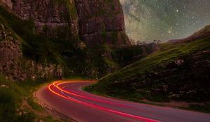 Preview wallpaper rocks, road, stars, long exposure, starry sky