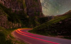 Preview wallpaper rocks, road, stars, long exposure, starry sky