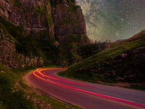 Preview wallpaper rocks, road, stars, long exposure, starry sky
