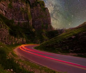 Preview wallpaper rocks, road, stars, long exposure, starry sky