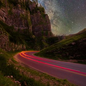 Preview wallpaper rocks, road, stars, long exposure, starry sky