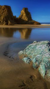 Preview wallpaper rocks, sand, coast, sea, landscape, nature