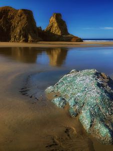 Preview wallpaper rocks, sand, coast, sea, landscape, nature