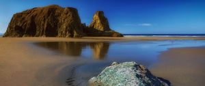 Preview wallpaper rocks, sand, coast, sea, landscape, nature