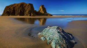 Preview wallpaper rocks, sand, coast, sea, landscape, nature