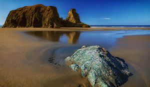 Preview wallpaper rocks, sand, coast, sea, landscape, nature