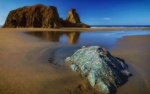 Preview wallpaper rocks, sand, coast, sea, landscape, nature