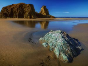 Preview wallpaper rocks, sand, coast, sea, landscape, nature
