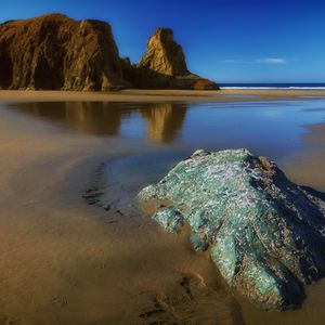 Preview wallpaper rocks, sand, coast, sea, landscape, nature