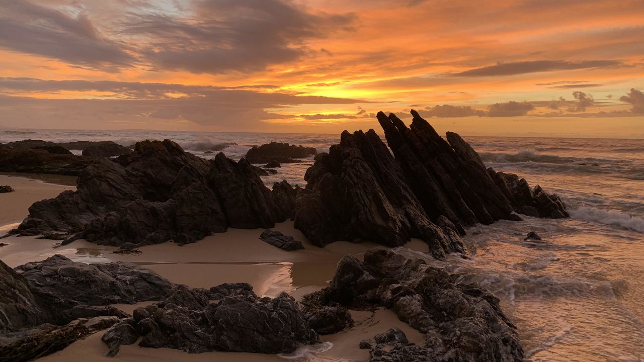 Wallpaper rocks, sand, sea, sunset, nature