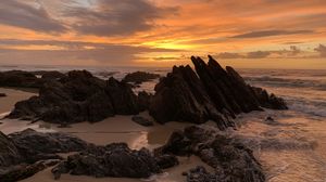 Preview wallpaper rocks, sand, sea, sunset, nature