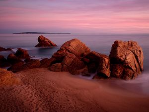 Preview wallpaper rocks, sand, sea, sky