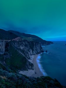 Preview wallpaper rocks, sea, coast, beach, dusk