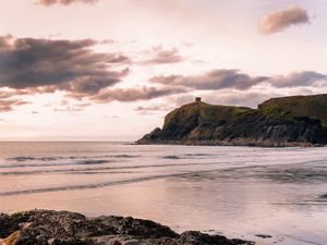 Preview wallpaper rocks, sea, coast, building, cliff