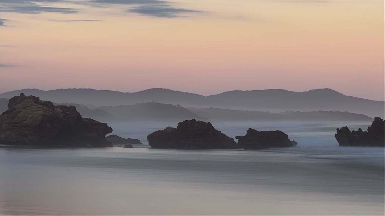 Wallpaper rocks, sea, fog, hills, landscape, dawn