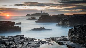 Preview wallpaper rocks, sea, fog, twilight, landscape, nature