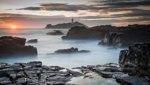 Preview wallpaper rocks, sea, fog, twilight, landscape, nature